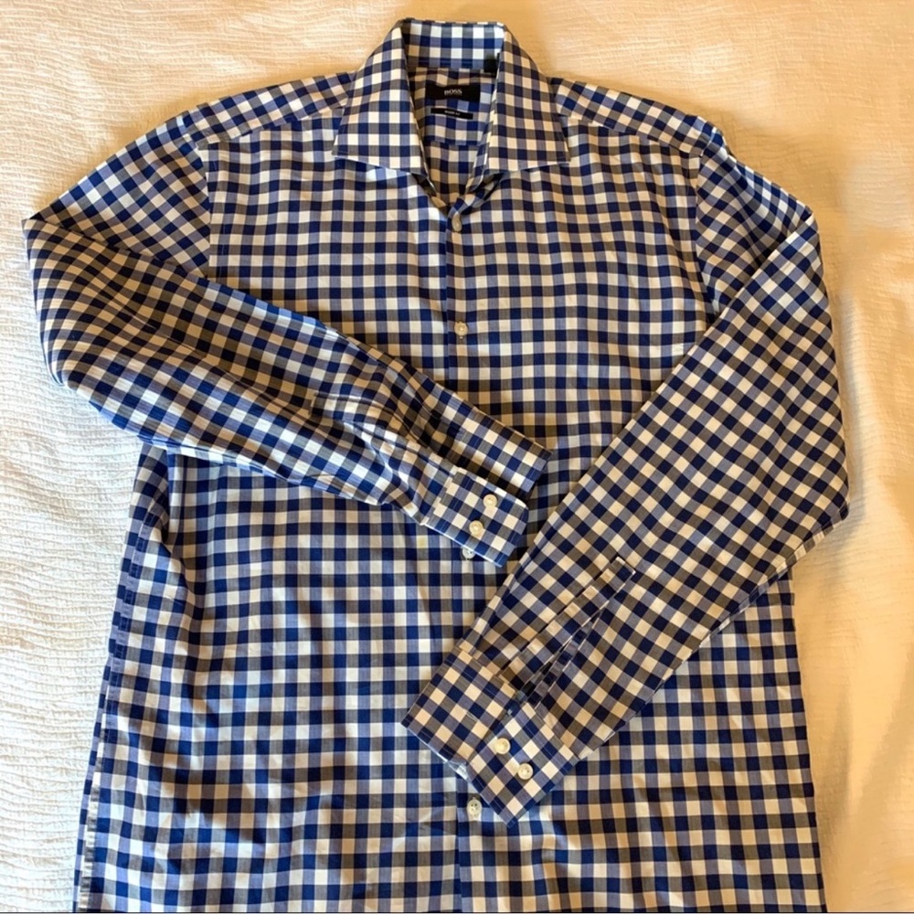 Hugo Boss Navy and White Checkered Dress Shirt